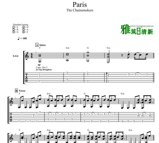 The Chainsmokers - Paris指弹吉他谱