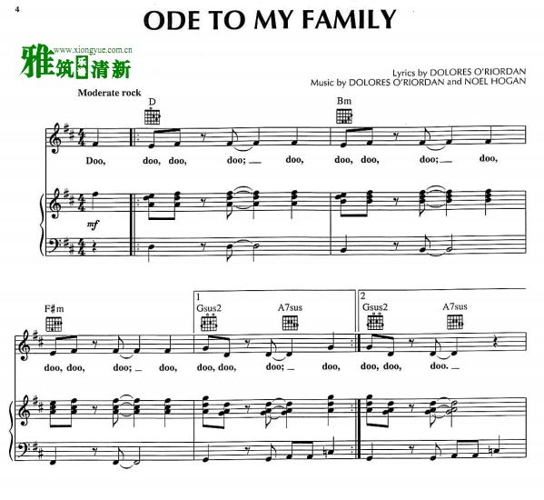 小红莓乐队ODE TO MY FAMILY原版钢琴伴奏谱