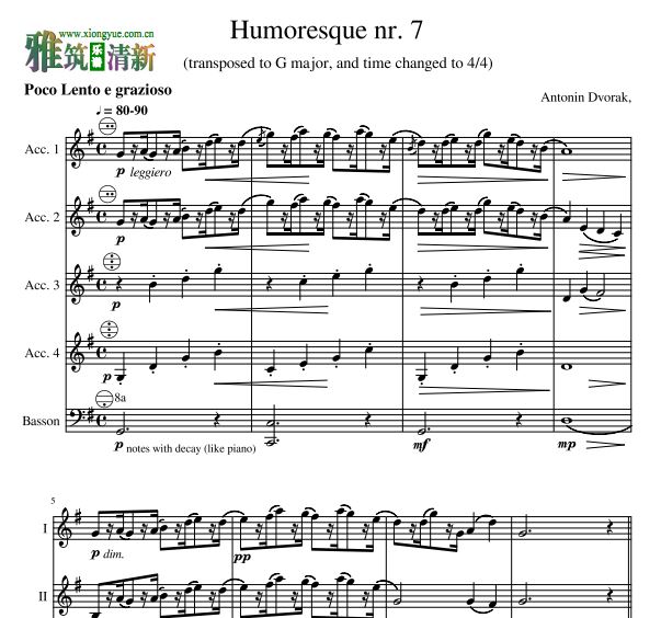 德沃夏克 幽默曲手风琴五重奏谱