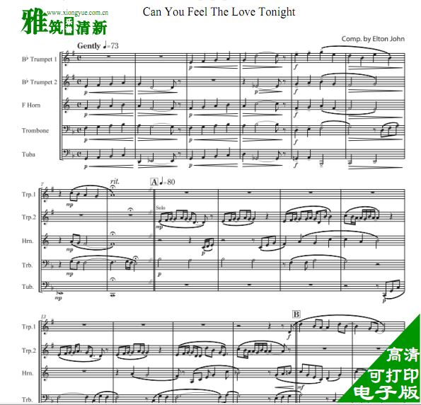  Can You Feel The Love Tonight 铜管五重奏谱