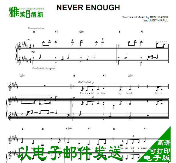 马戏之王 NEVER ENOUGH B调钢琴伴奏谱