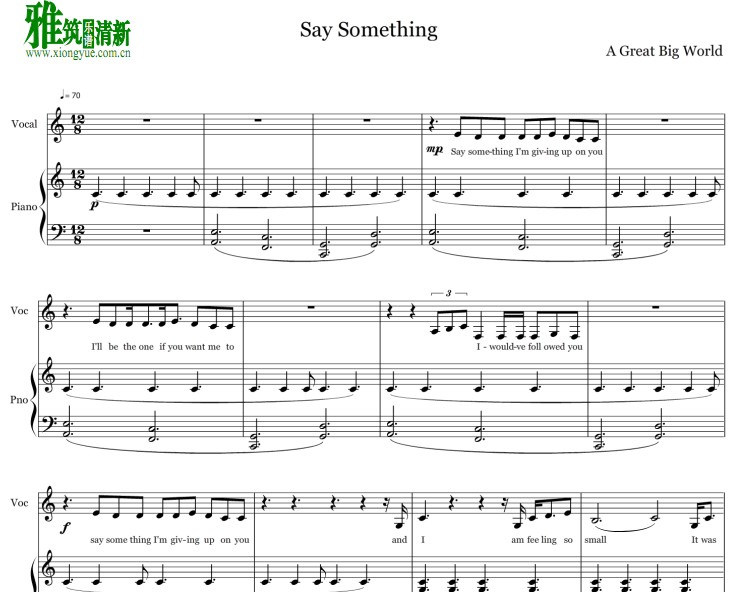 精彩大世界 Say Something钢琴伴奏谱