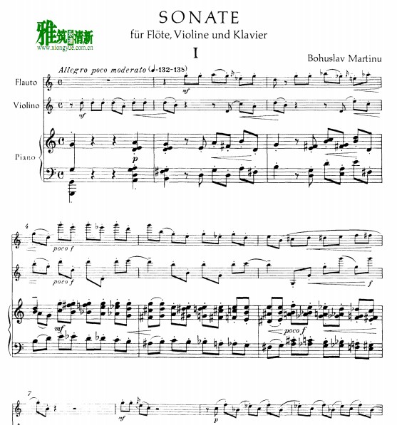 马蒂奴 奏鸣曲为钢琴小提琴长笛而作h.254总谱