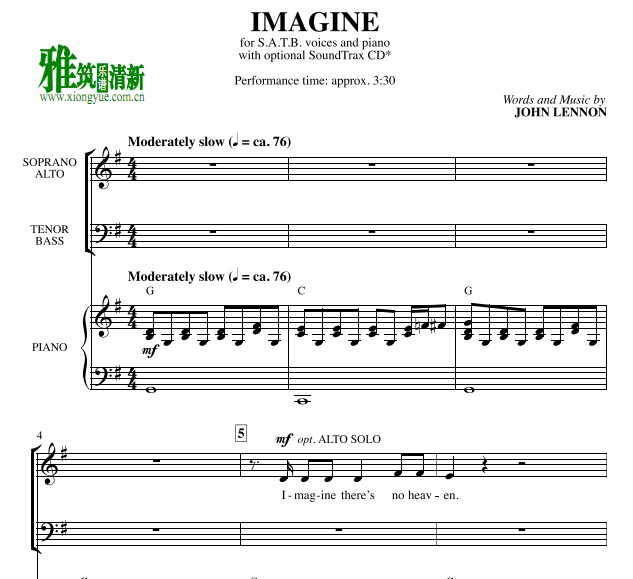 Imagine 四声部合唱钢琴伴奏谱 SATB英文歌曲四声部合唱谱