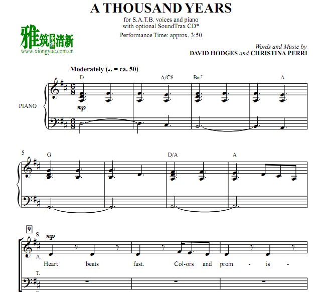 英文四声部合唱谱 A Thousand Years四声部合唱钢琴伴奏谱 SATB