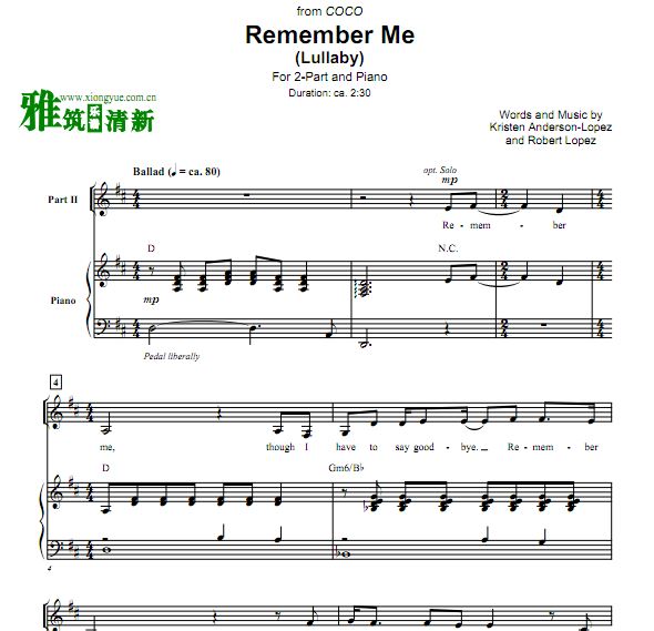 寻梦环游记 Remember Me 童声合唱钢琴伴奏谱 二声部女声合唱谱