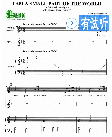 I Am a Small Part of the World SSA三声部合唱钢琴伴奏谱