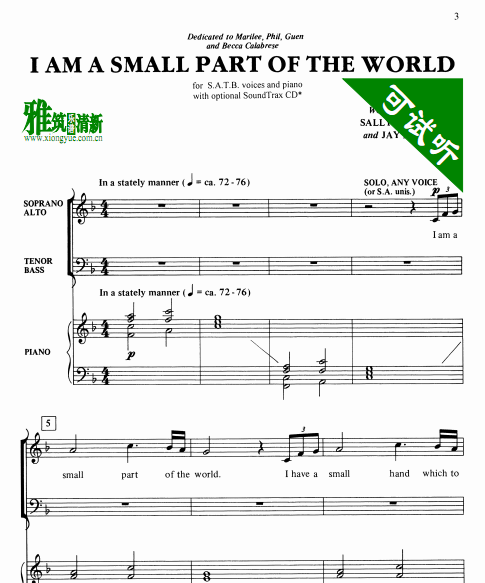I Am a Small Part of the World 四声部SATB合唱钢琴伴奏谱