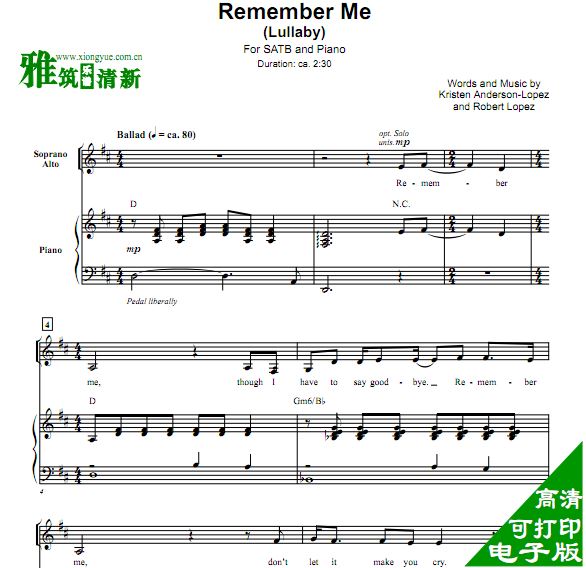 COCO Remember Me 四声部SATB合唱谱+钢琴伴奏谱