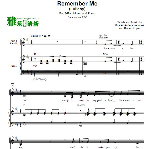 Coco - Remember Me 三声部混声合唱+钢琴伴奏谱