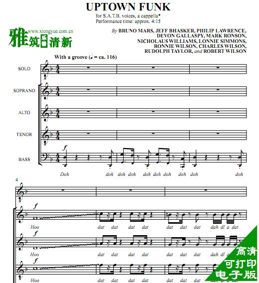 火星哥 Uptown Funk 四声部混声合唱阿卡贝拉谱