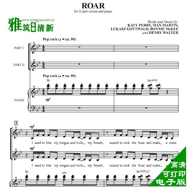 Katy Perry水果姐 Roar 二声部女声童声合唱钢琴伴奏谱