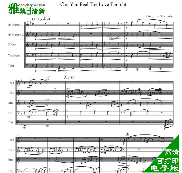 Can You Feel The Love Tonight铜管五重奏谱