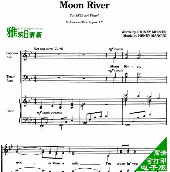 月亮河 Moon River 四声部SATB合唱钢伴谱