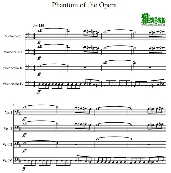 歌剧魅影 Phantom Of The Opera大提琴四重奏谱