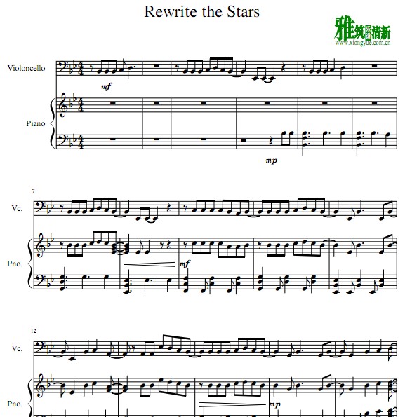 马戏之王Rewrite the Stars 大提琴钢琴谱