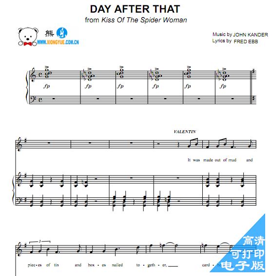 音乐剧蜘蛛女之吻 The Day After That声乐谱钢伴谱