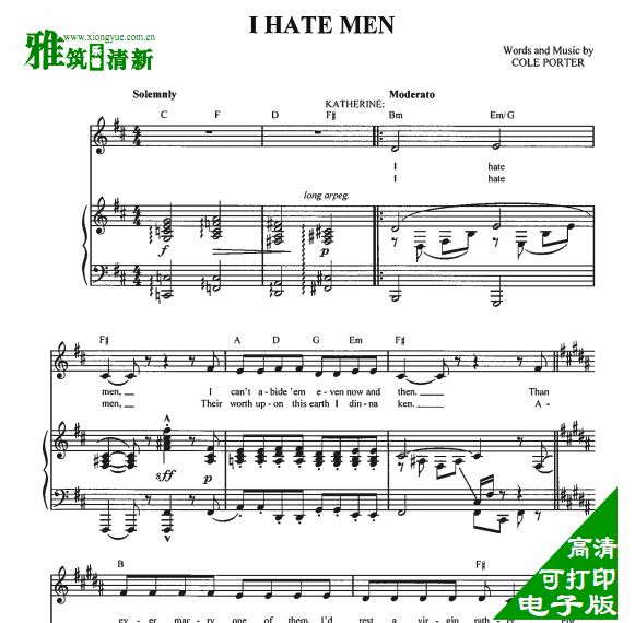 音乐剧Kiss Me Kate吻我,凯特  i hate men声乐谱钢伴谱