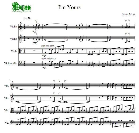 Jason Mraz - I'm Yours 弦乐四重奏总谱 分谱