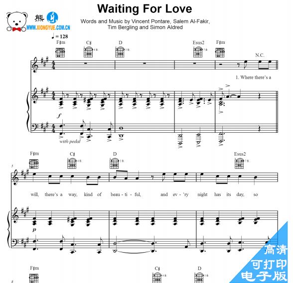 Avicii - Waiting for Love 钢琴伴奏谱