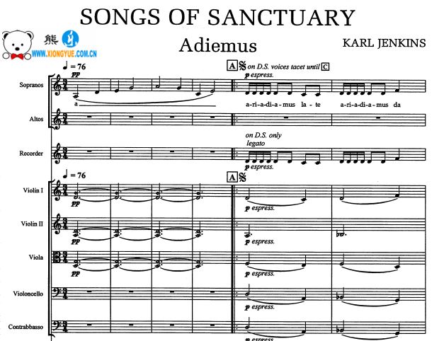 Karl Jenkins ADIEMUS 庇护所之歌合唱交响乐伴奏谱