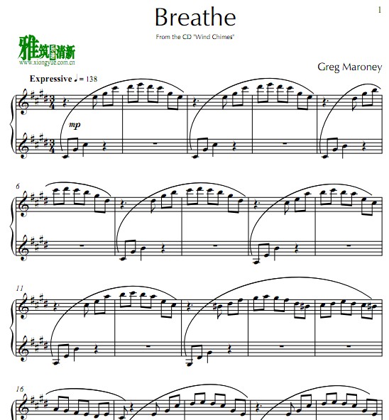Greg Maroney - Breathe钢琴谱