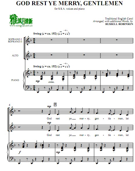 God Rest Ye, Merry Gentlemen 三声部SSA合唱钢琴伴奏谱