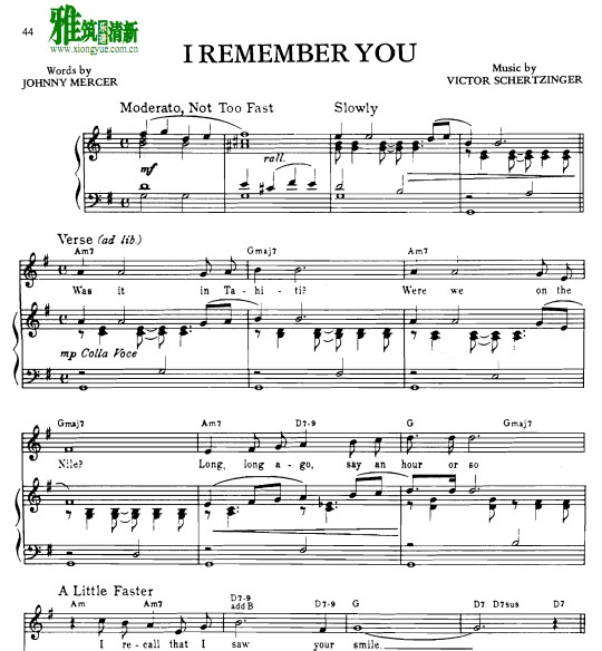 Nat King Cole - I Remember You钢琴伴奏谱