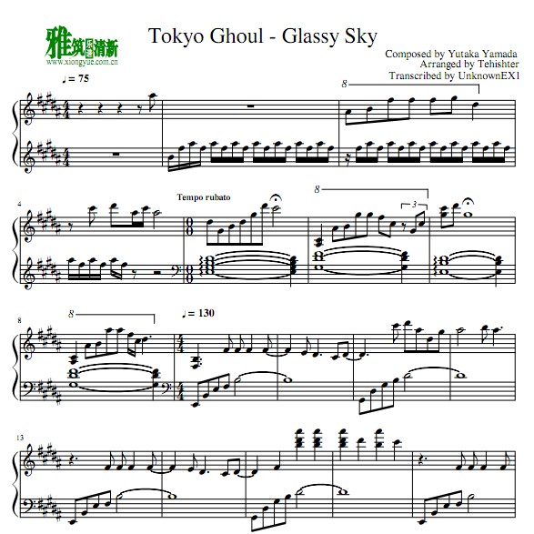 Tehishter版Tokyo Ghoul Glassy Sky钢琴谱