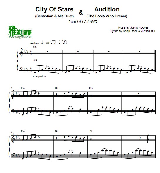 约翰传奇City of Stars & Audition Medley钢琴谱
