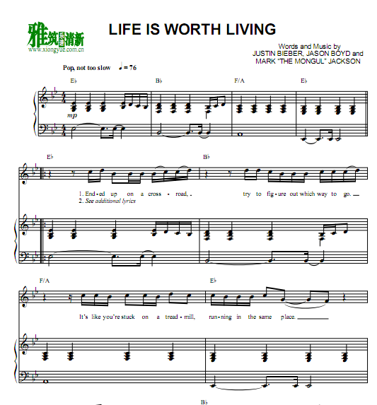 Justin Bieber - Life Is Worth Living钢琴伴奏谱