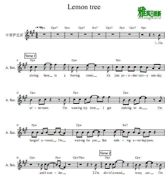 柠檬树中音萨克斯谱 Lemon Tree 萨克斯谱