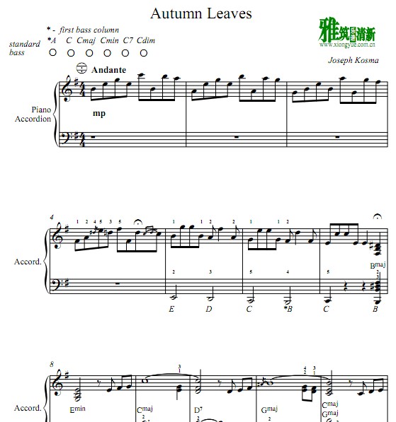 秋叶Autumn Leaves 手风琴谱 