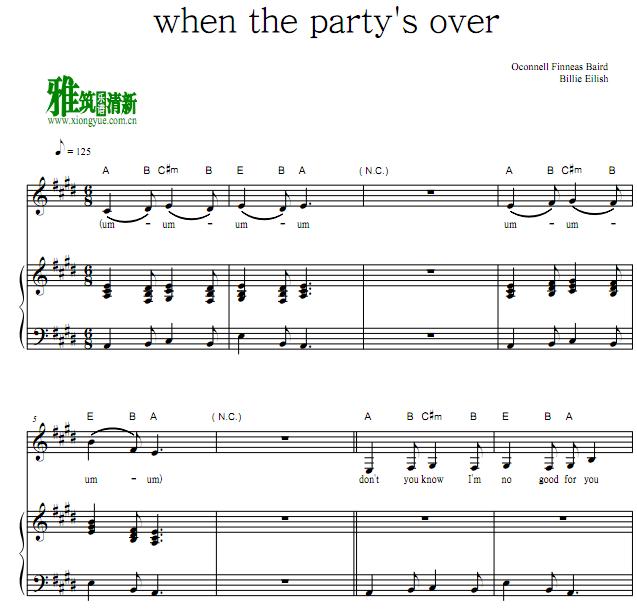 Billie Eilish - when the party's over钢琴伴奏谱