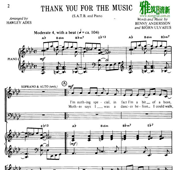 Abba - Thank You For The Music 四声部合唱钢琴伴奏谱