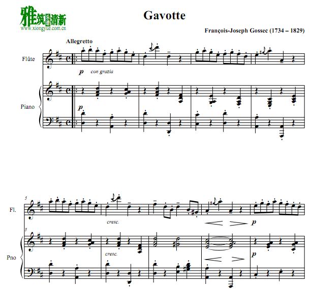 gossec gavotte 长笛钢琴伴奏谱
