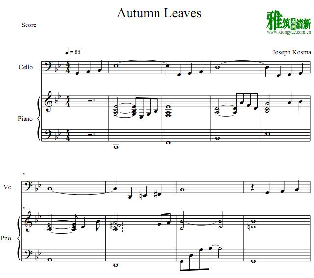 Autumn Leaves大提琴钢琴伴奏谱
