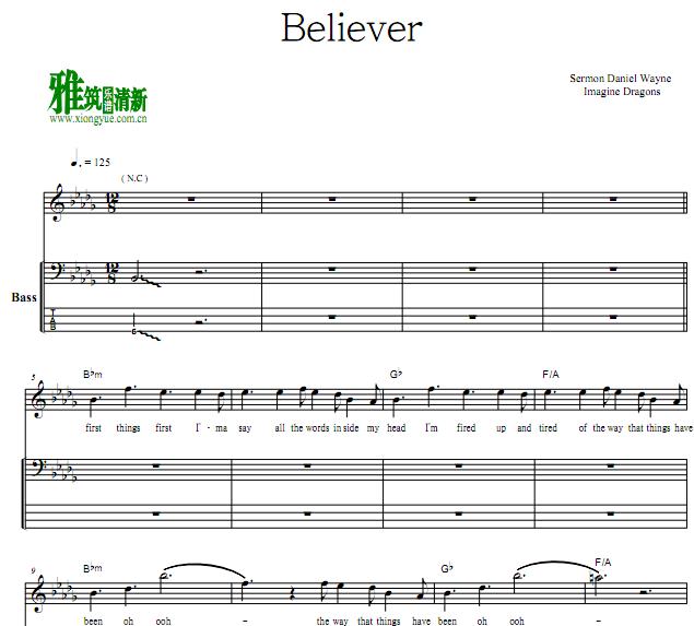 Imagine Dragons梦龙 - Believer贝司谱