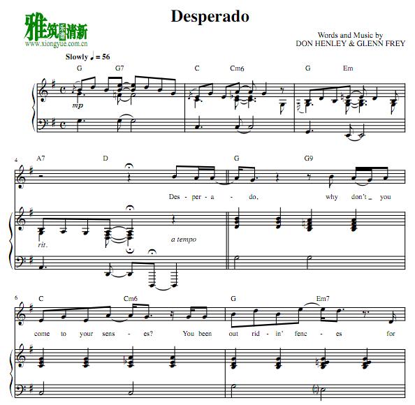 Eagles - Desperado钢琴伴奏谱 歌谱 正谱