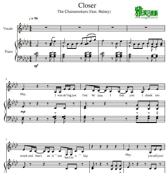 The Chainsmokers - Closer钢琴伴奏谱