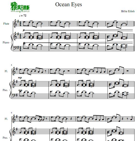 Billie Eilish - Ocean Eyes 长笛钢琴谱 