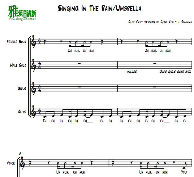 Glee Singing In The Rain/Umbrella四声部合唱谱