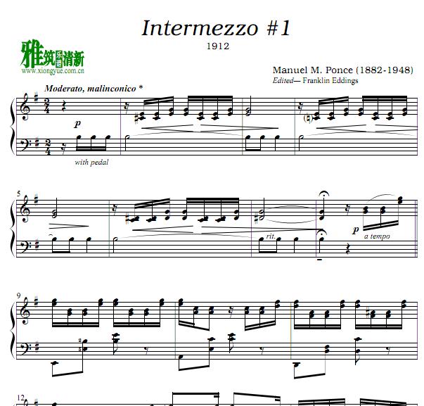 Ponce 庞塞(斯) Intermezzo 墨西哥小浪漫曲 钢琴独奏谱
