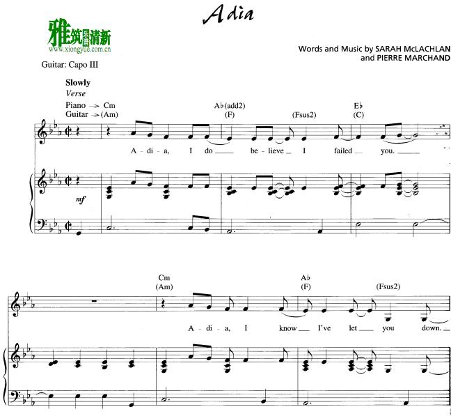 Sarah McLachlan - Adia 钢琴谱 有歌词