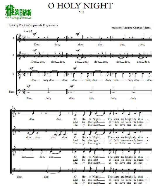 O Holy Night四声部合唱谱