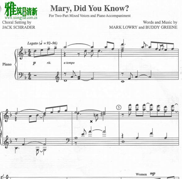 Mary Did You Know 2声部合唱钢琴伴奏谱