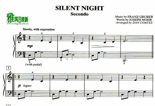 简单圣诞节四手联弹谱 Silent Night四手联弹谱 secondo