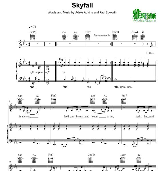 Adele - Skyfall 原版歌谱 弹唱伴奏钢琴谱