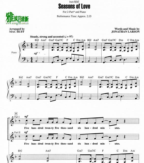 seasons of love 2声部合唱钢琴伴奏谱