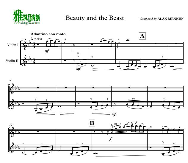 美女与野兽 Beauty and the Beast双小提琴合奏谱